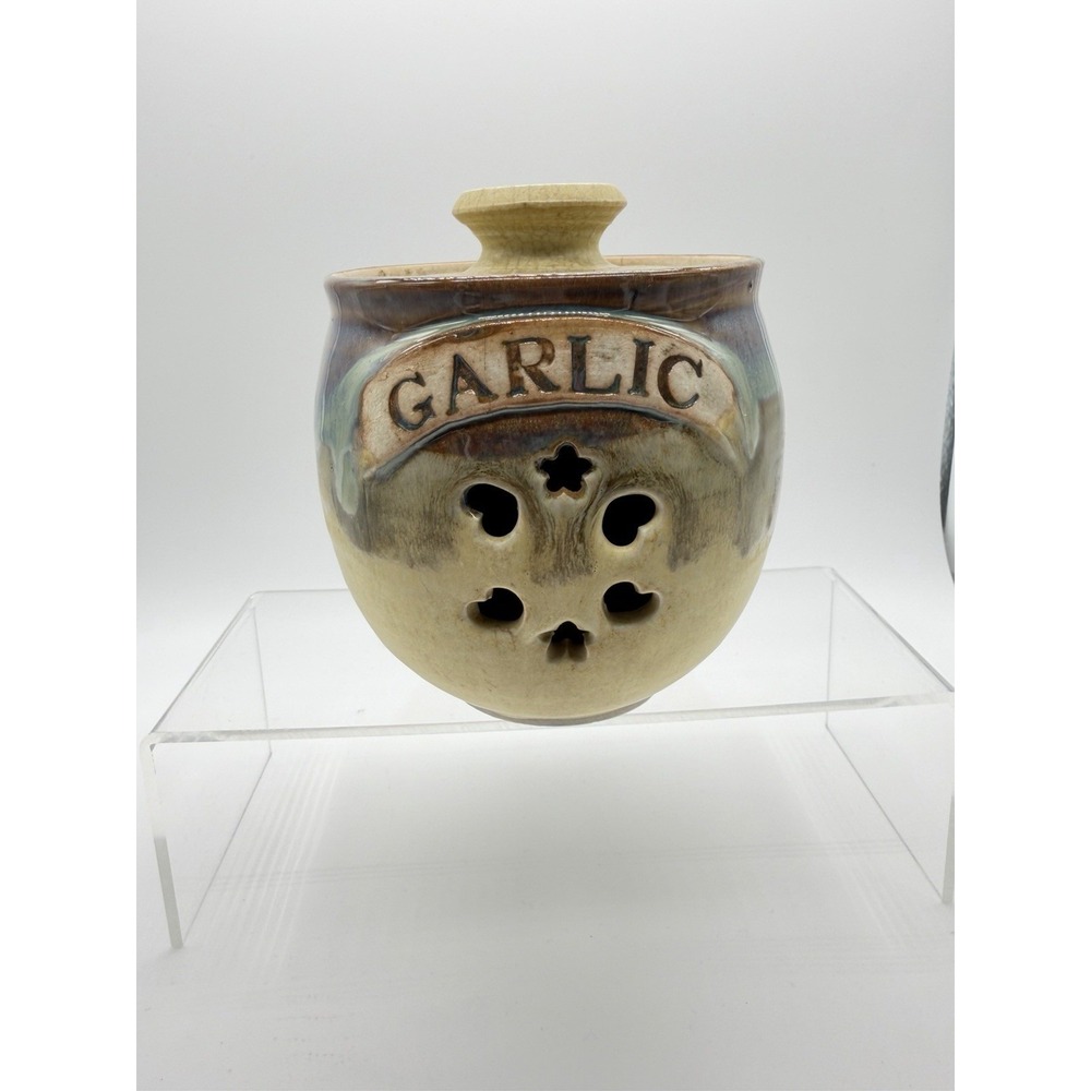 Large Handmade Detailed Stonewear Garlic Keeper Country Cottagecore Signed